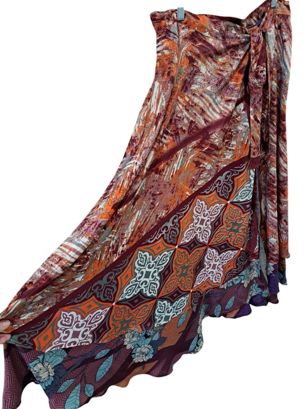 Boho Multicolor Wrap Skirt Abstract Floral Print Adjustable Tie Waist One Size